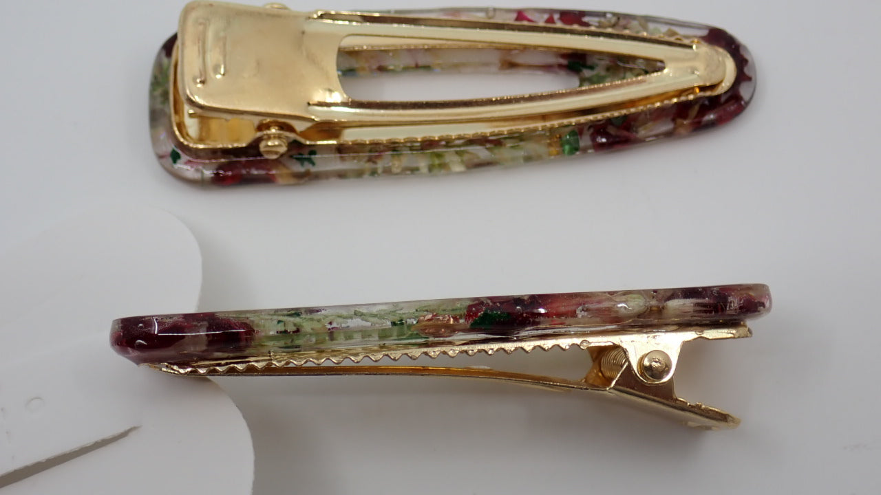Hair Clips, Set of Two, Dried Flowers, Resin, Open Rectangle and Teardrop Shapes
