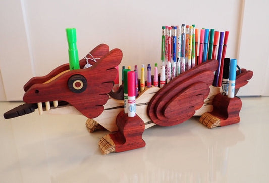 Pencil Holder, Large Dragon, Various Woods, Markers and Pencils Included