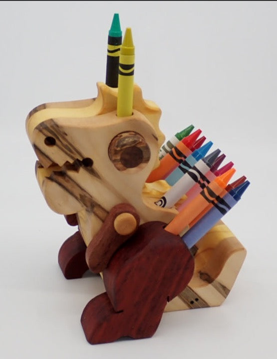 Pencil Holder, Baby Spinosaurus, Various Woods, Crayons Included