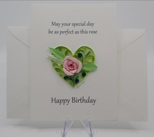 Birthday Card, Heart with Rose, Quilled Art Card