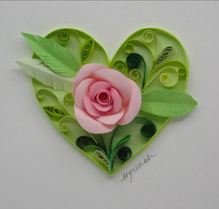 Birthday Card, Heart with Rose, Quilled Art Card