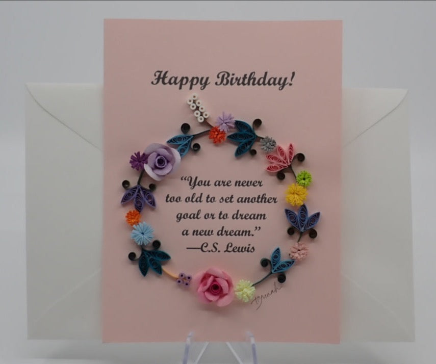 Birthday Card, Elaborate Flower Wreath, Quilled Art
