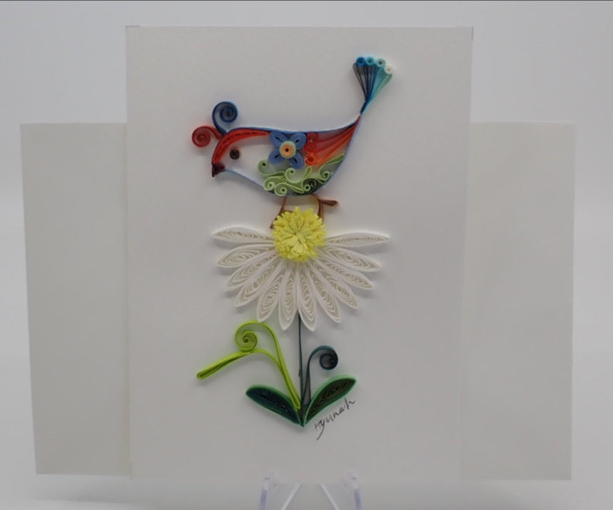 Greeting Card, Bird with Daisy, Quilled Art