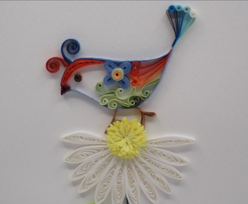 Greeting Card, Bird with Daisy, Quilled Art