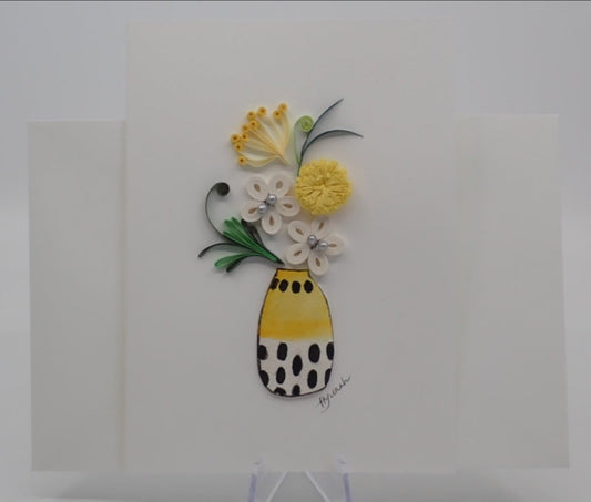 Greeting Card, Flowers in Yellow Vase, Quilled Art