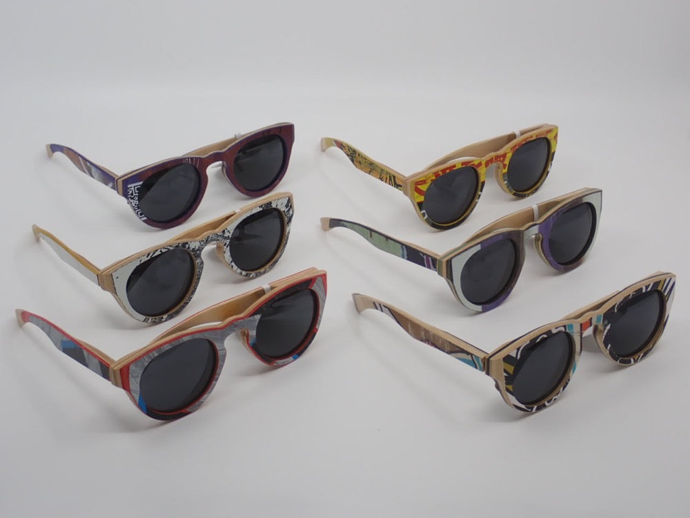 Sunglasses, Rounded Lens, Recycled Skate Boards (+ Options)