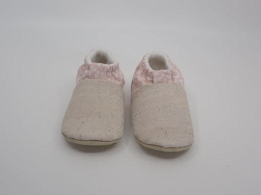 Slippers, Baby, Cork fabric, White and Pink Floral, Cream (+ Options)