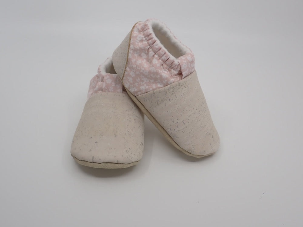Slippers, Baby, Cork fabric, White and Pink Floral, Cream (+ Options)