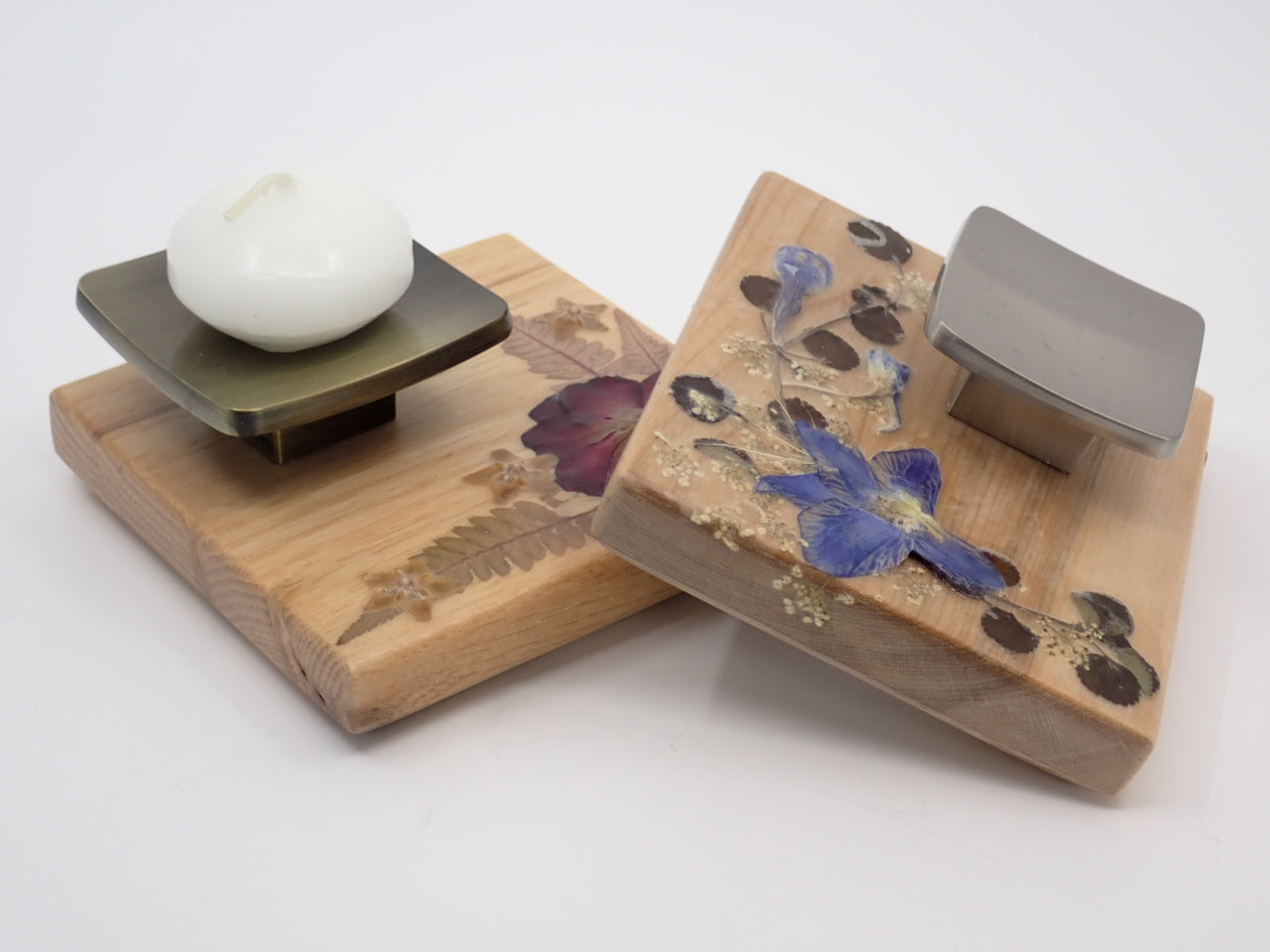 Candle Holder, Square, Wood, Pressed Flowers