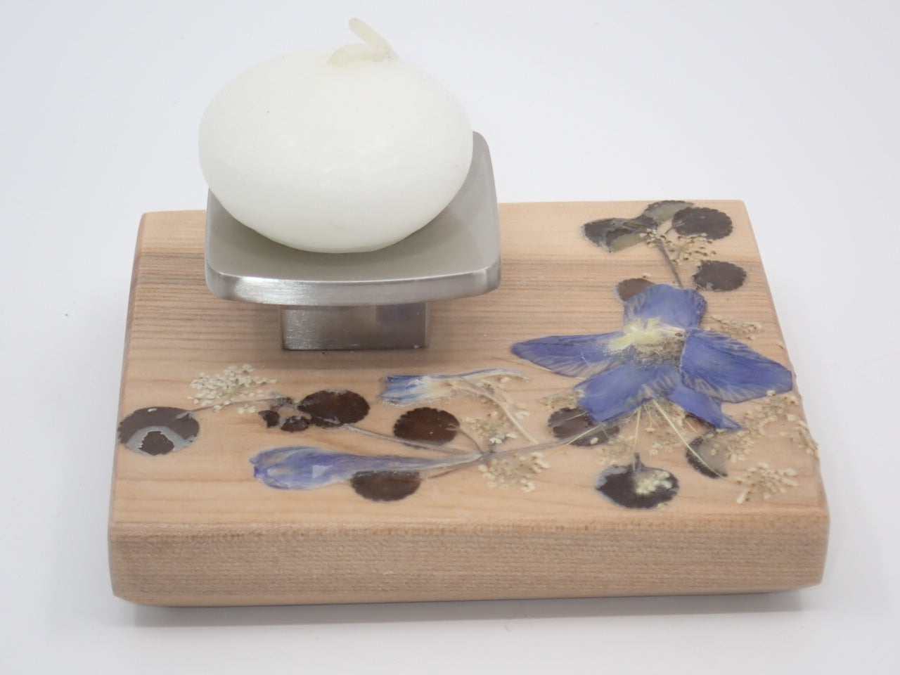 Candle Holder, Square, Wood, Pressed Flowers