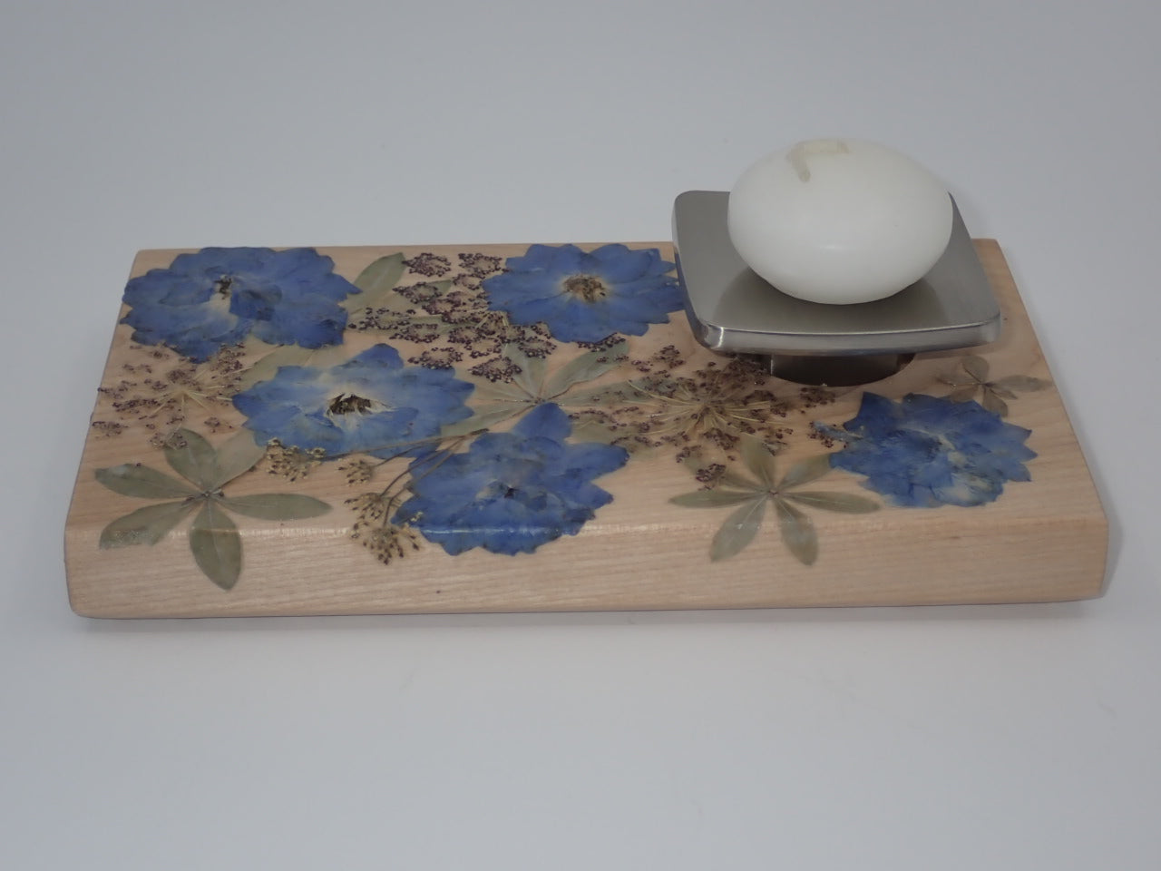 Candle Holder, Rectangle, Wood, Pressed Flowers
