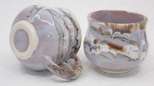 Two Stoneware Coffee Mugs, Ceramic Coffee Mugs, Purple, Cream and Brown Glaze