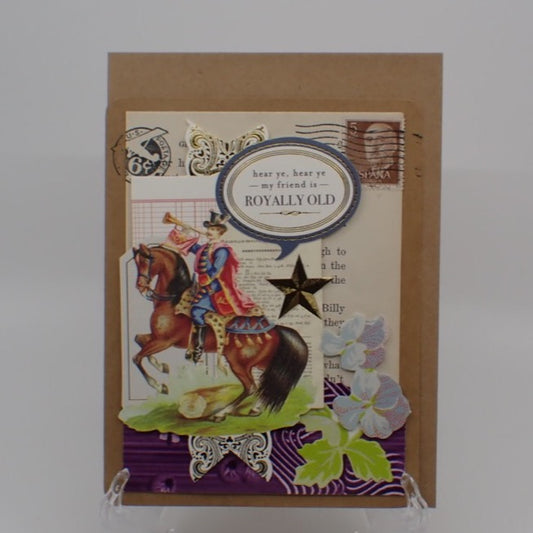 Birthday Card, Victorian Inspired, Humorous Birthday, Town Crier riding a horse, "Hear ye, hear ye", paper Craft