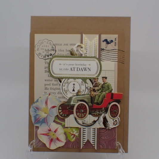 Birthday Card, Victorian Inspired, Humorous Birthday, Two men in antique car, "We ride at dawn",  Paper Craft