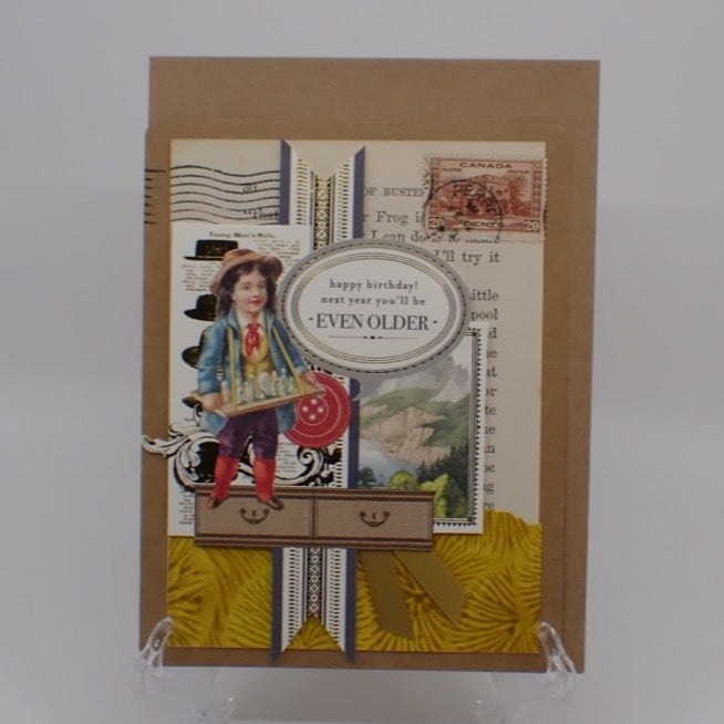 Birthday Card, Victorian Inspired, Humorous Birthday, Young boy with neck strap display, "...Next year you'll be even older", Paper Craft