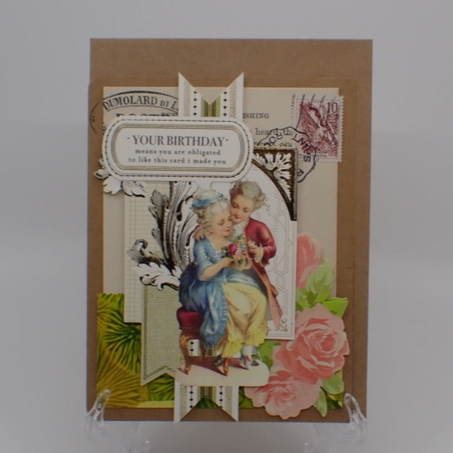 Birthday Card, Victorian Inspired, Humorous Birthday, Young Couple, "You are obligated to like this card...", Paper Craft