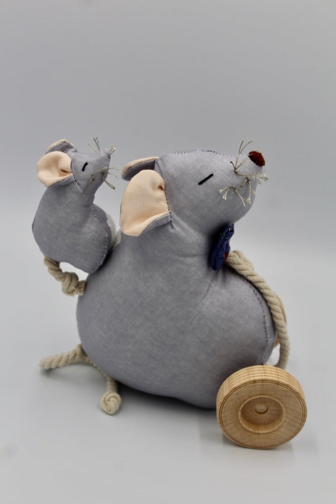 Pull-Toy, Papa & Baby Mouse, Soft Textiles, Hand Embroidered