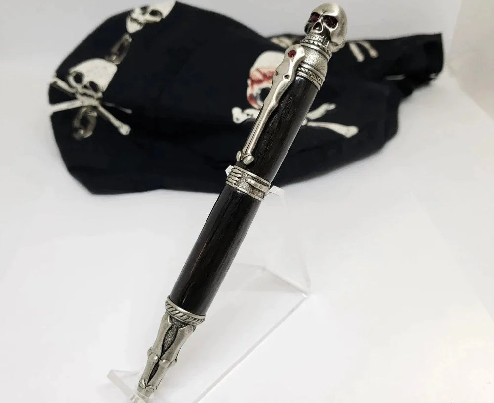 Skull Pen, Gothic Style, Antique Brass with Red Jewel Inserts