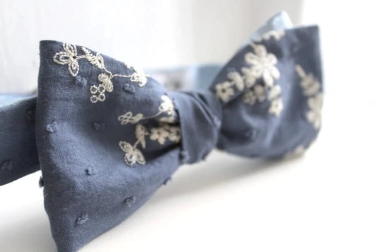 Bowtie, Steel Blue Cotton, Floral Embroidery