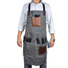 Rugged Utility Apron, Grey Waxed Canvas, Brown Leather