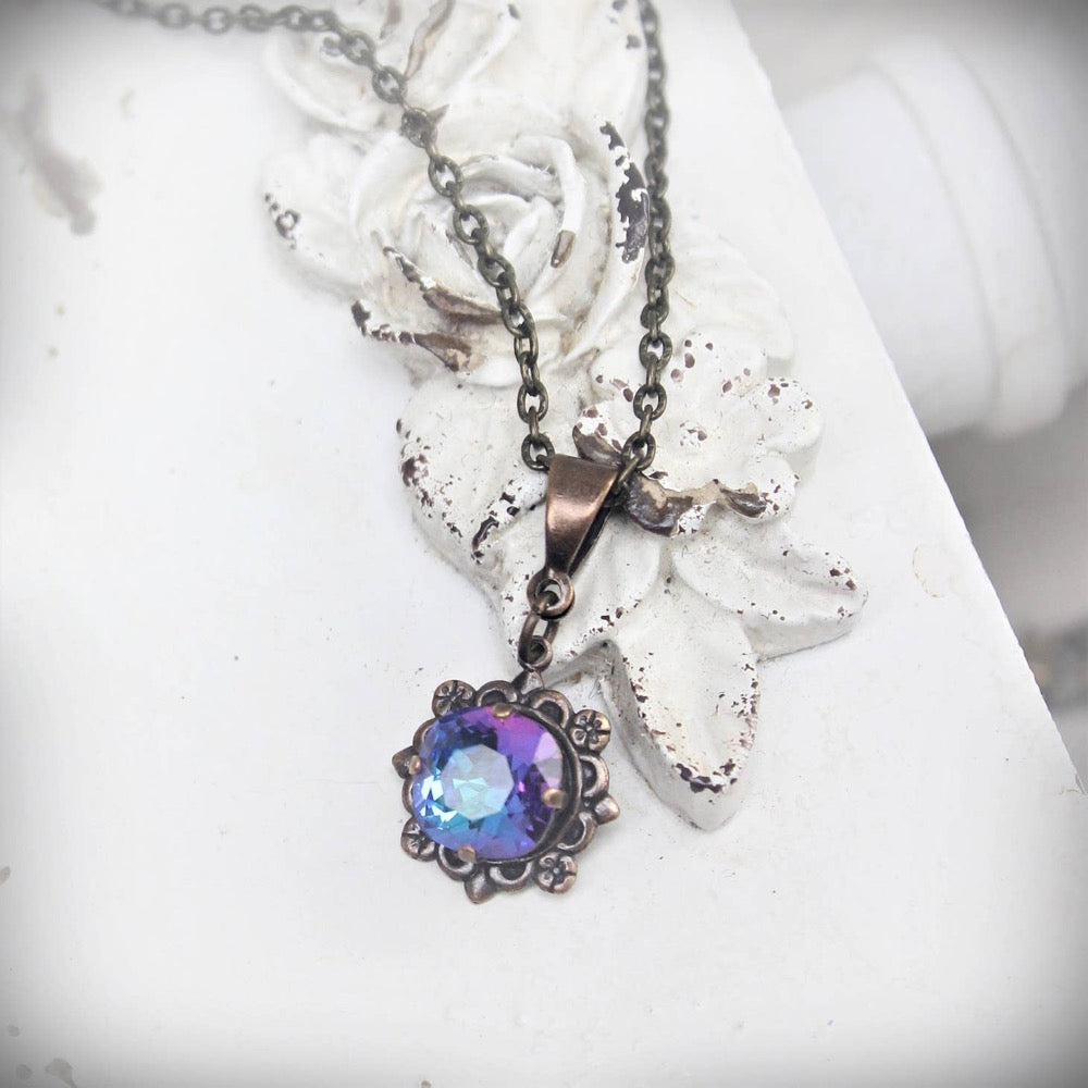 Necklace, Deep Bermuda Blue, Cushion Cut Crystal, Brass, Floral frame