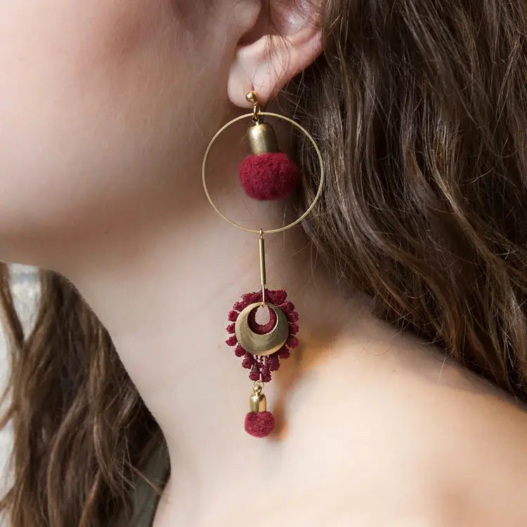 Earrings, Artillery, Stud, Hand Dyed Lace Pompoms, Brass