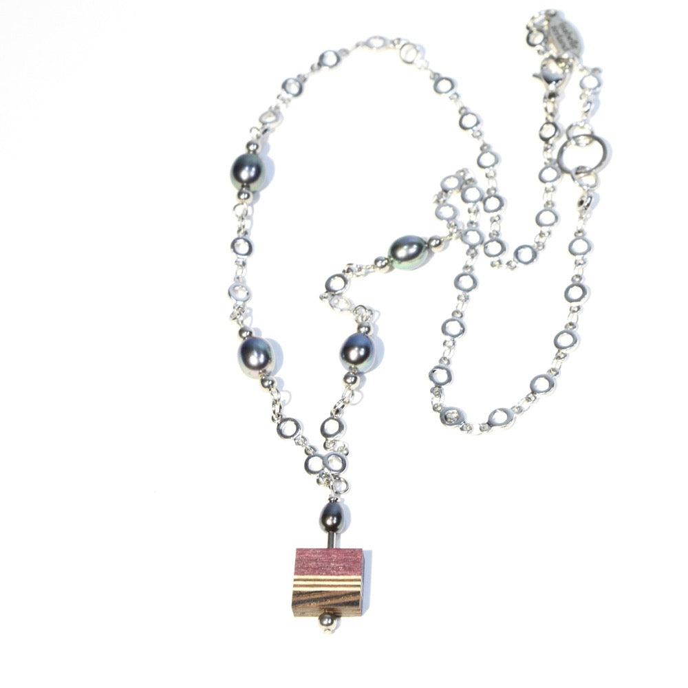 Necklace, Amalgame, Fresh Water Pearls, Mosaic Wood
