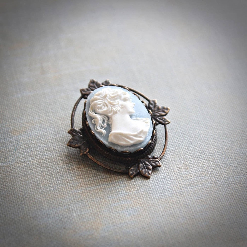 Brooch or Pendant, French Blue Cameo, Vintage, Brass, Antique Gold finish