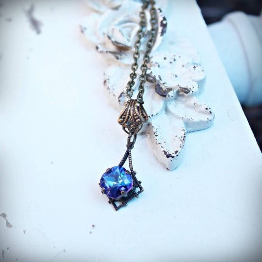 Necklace, Deep Bermuda Blue, Cushion Cut Crystal, Vintage Style, Brass