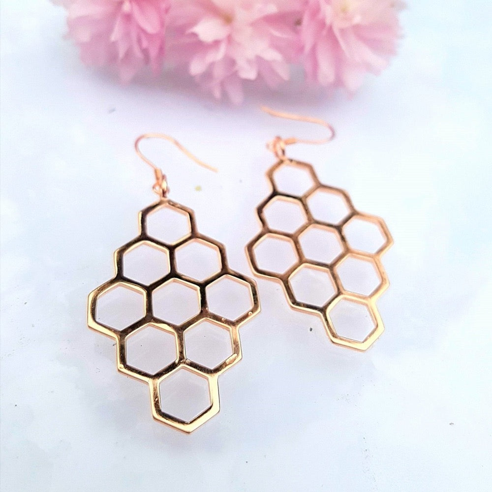 Earrings, Petite Honeycomb, 18k Rose Gold Vermeil, Nature inspired