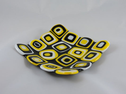 Dish, Square, Fused Glass, Funky, Black & Yellow