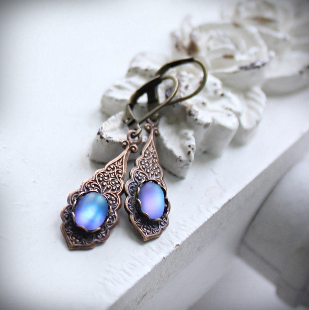 Earrings, Taj Frame, Lumina Frosted Blue Glass, Vintage Style