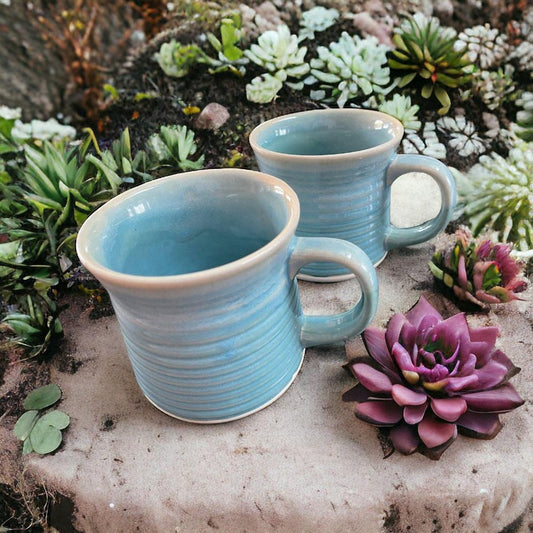 Two Coffee Mugs, Stoneware Mugs, Ceramic Cups, Light Blue Coffee Mug