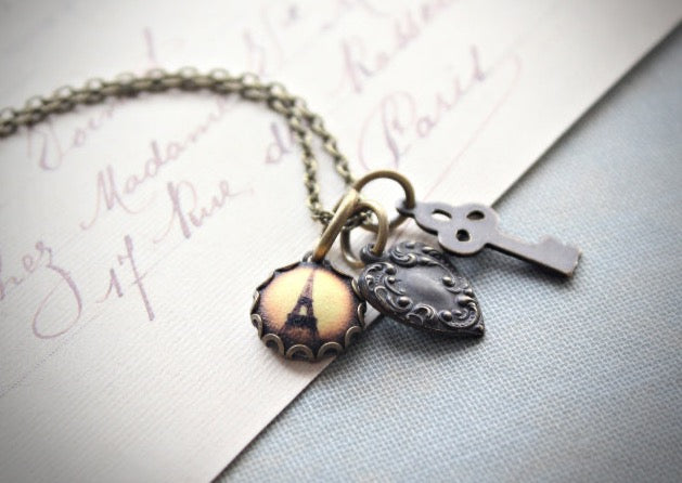 Necklace, I Love Paris, Vintage, Charms, Brass