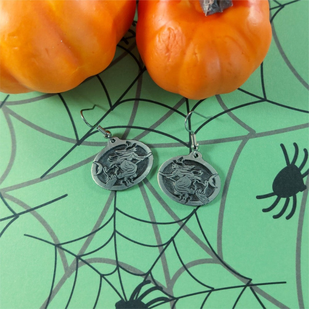 Earrings, Witch's Broom, Pewter