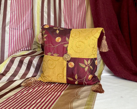 Pillows, Bohemian Style, Burgundy and Gold with Tassels